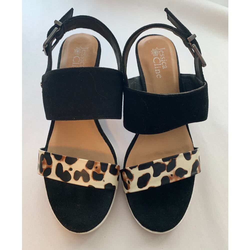 JESSICA CLINE RYLEIGH LEOPARD WEDGE SANDALS STRAP OPEN TOED FAUX SUEDE SIZE 8